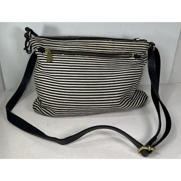 Fossil Kinley Black White Canvas Fabric Striped Brown Leather Crossbody Bag - Picture 2 of 16